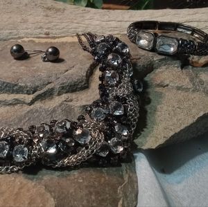 Vintage Braided Silvery Chain & Black Glass Beaded Necklace/Earrings/ Bracelet